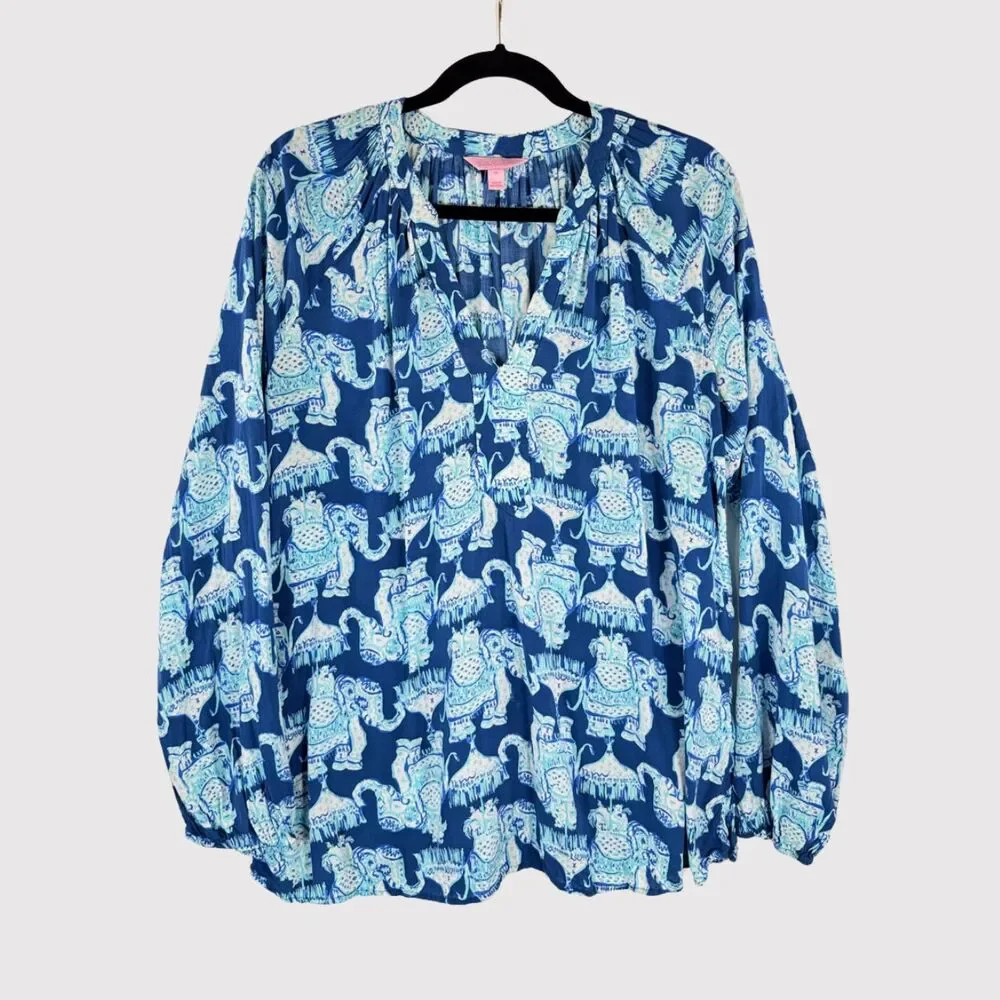 Lilly Pulitzer Womens Top Blue Martinique Elephant V Neck Blouse Casual Medium - Picture 2 of 13